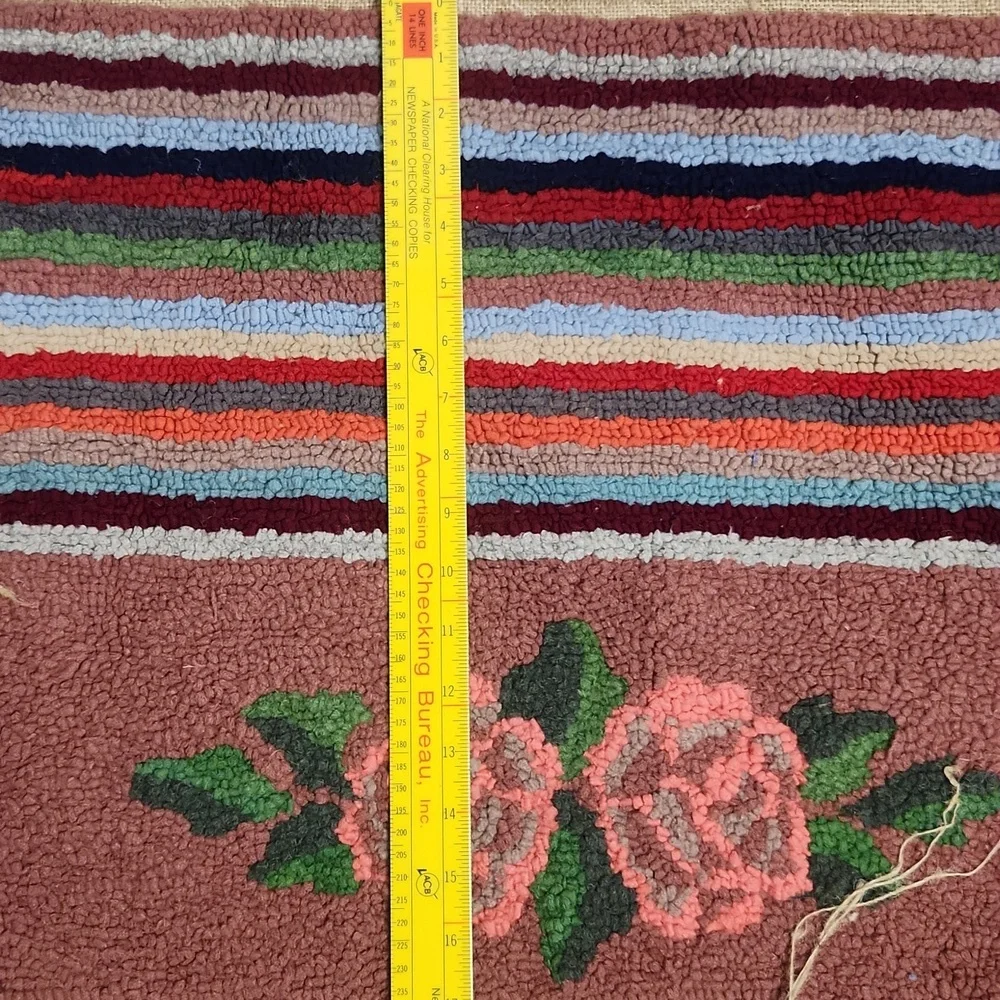 Colorful Striped and Floral Rug Antique Handmade Hooked Rug/pillow